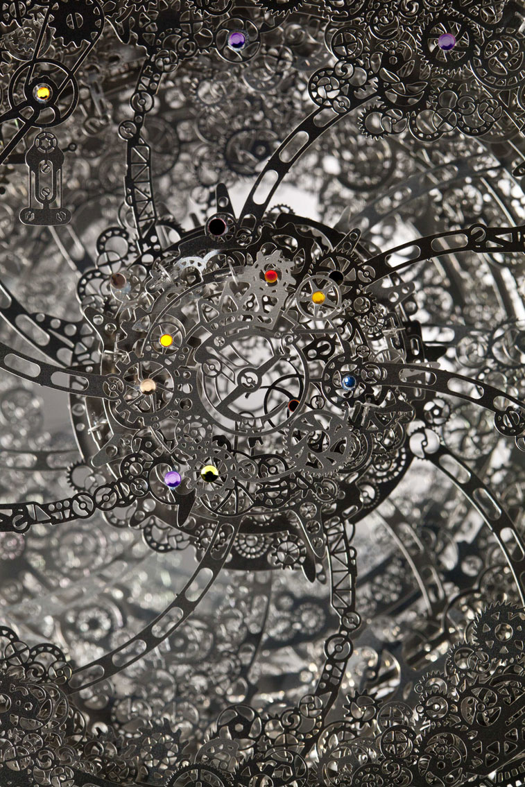 Lucite embedded stainless steel layered mechanical eye sculpture